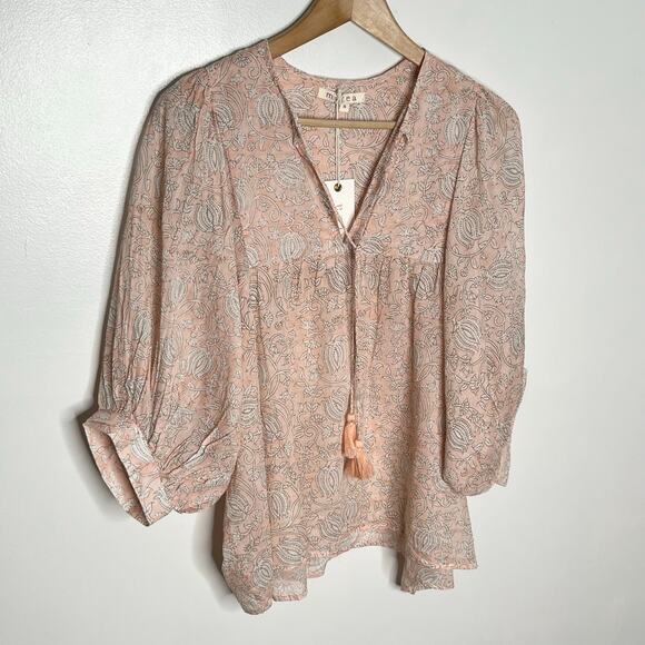 Marea Puff Sleeve Steph Top Small Blush Pink Floral V Neck Boho Tasseled Cotton - Picture 3 of 11